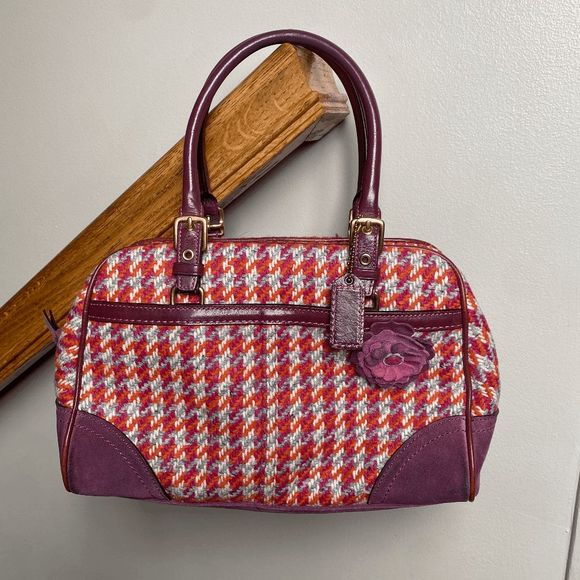 Coach Hamptons 8F47 Houndstooth Tweed Suede Handbag Satchel Shoulder Rare Flower - Picture 1 of 9